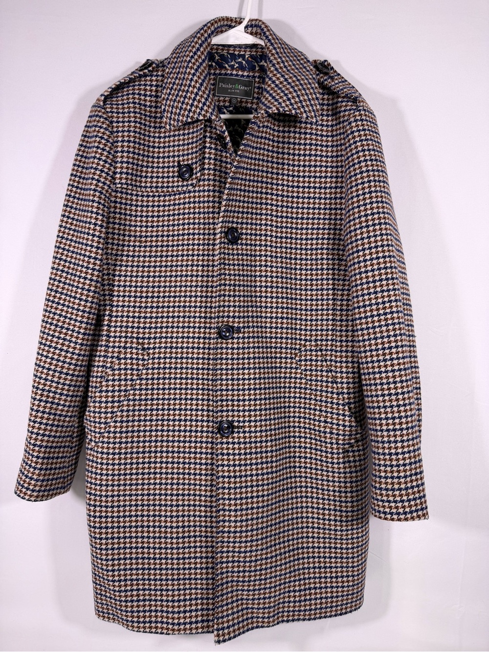 Paisley & Gray Houndstooth Slim Fit Overcoat Novelty Fox Lining Medium